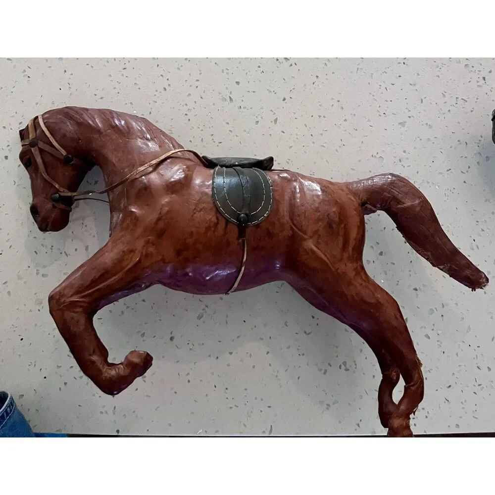 Vintage Leather-Wrapped Horse Figurines Set of 2
